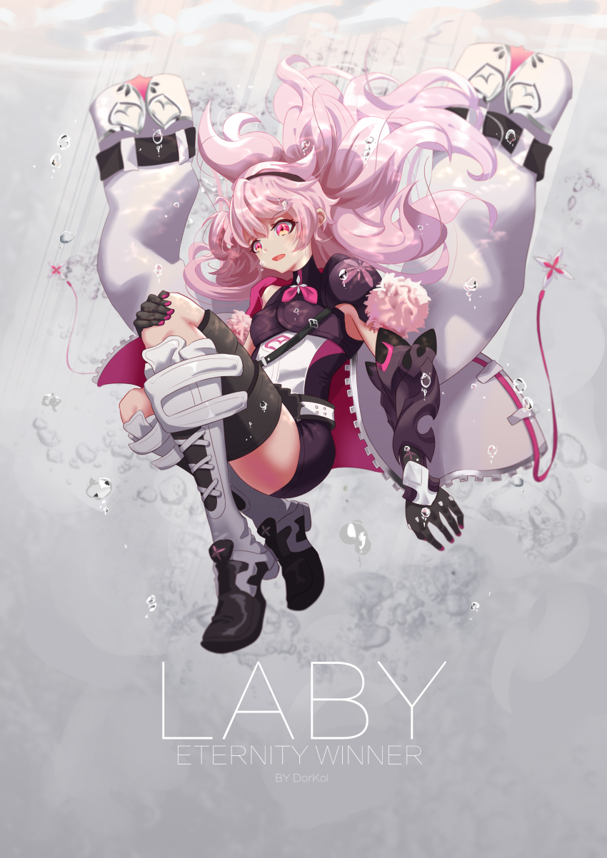 1girl :o absurdres black_gloves black_hairband black_shorts boots bubble character_name drakol elbow_gloves elsword eternity_winner_(elsword) full_body gloves grey_background hairband hand_on_own_knee highres jacket jacket_on_shoulders knee_boots laby_(elsword) long_hair open_mouth pink_eyes pink_hair shorts shoulder_pads underwater