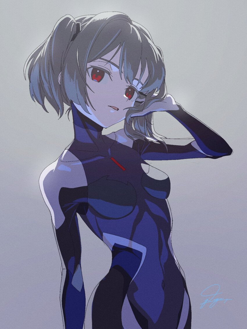 1girl adjusting_hair bodysuit breasts expressionless grey_hair head_tilt highres jdge looking_at_viewer original parted_lips red_eyes short_hair short_twintails small_breasts solo twintails upper_body