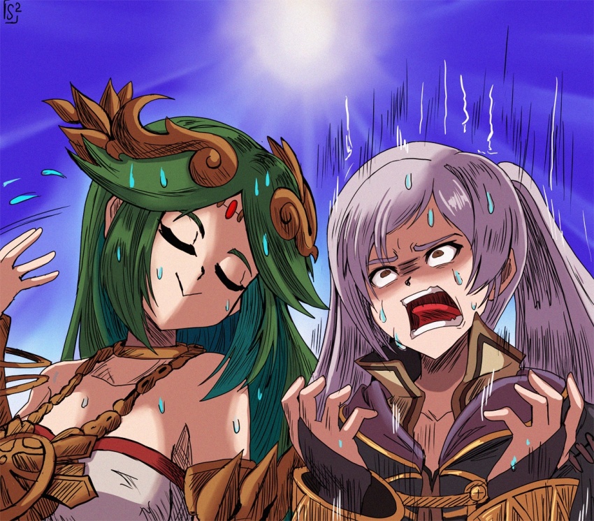 2girls :&gt; brown_eyes chain circlet closed_eyes collarbone fanning_face female_robin_(fire_emblem) fire_emblem fire_emblem_awakening gold_chain green_hair grey_hair hot kid_icarus kid_icarus_uprising multiple_girls nintendo open_mouth palutena stoic_seraphim super_smash_bros. sweat vambraces