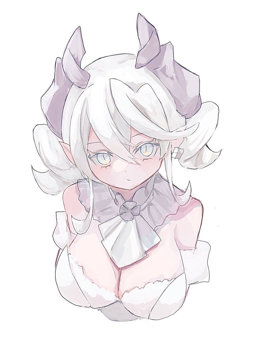 1girl bare_shoulders breasts cleavage closed_mouth demon_girl demon_horns dress duel_monster earrings gekokani highres horns jewelry large_breasts looking_at_viewer lovely_labrynth_of_the_silver_castle pointy_ears solo strapless strapless_dress white_dress white_eyes white_hair yu-gi-oh!