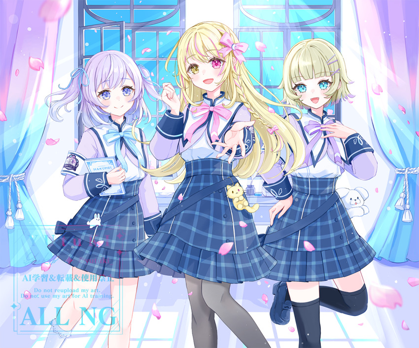 3girls black_pantyhose black_skirt black_thighhighs blonde_hair blue_ribbon book braid closed_mouth curtains flower green_eyes green_hair hair_ribbon hand_on_own_chest hand_on_own_hip holding holding_book long_hair looking_at_viewer mary_janes mismatched_eyes multiple_girls offering_hand open_mouth original pantyhose pink_ribbon plaid_clothes plaid_skirt purple_eyes purple_hair purple_ribbon red_eyes ribbon shirt shoes short_hair single_braid skirt smile socks standing standing_on_one_leg thighhighs twintails watermark white_shirt white_socks yellow_eyes yutukicom