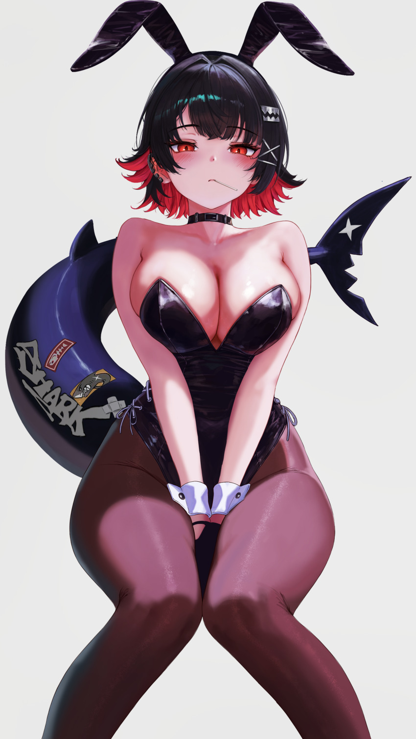 1girl absurdres alternate_costume animal_ear_hairband animal_ears bare_arms bare_shoulders black_choker black_hairband black_leotard black_pantyhose blush breasts candy choker commentary_request ellen_joe fake_animal_ears fins fish_tail food food_in_mouth hairband highres junwon09 leotard lollipop looking_at_viewer pantyhose playboy_bunny rabbit_ear_hairband rabbit_ears red_eyes shark_girl shark_tail short_hair sidelocks simple_background sitting solo strapless strapless_leotard tail white_background zenless_zone_zero