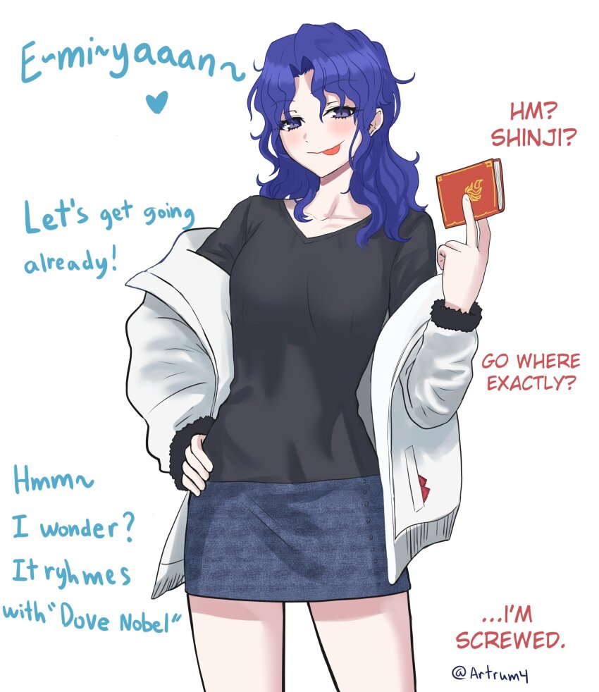 1girl absurdres artrum4 black_shirt blue_eyes blue_hair blue_skirt commentary emiya_shirou english_commentary english_text fate/stay_night fate_(series) fur-trimmed_jacket fur-trimmed_sleeves fur_trim genderswap genderswap_(mtf) hand_on_own_hip highres holding jacket long_hair long_sleeves looking_at_viewer matou_shinji off_shoulder out_of_frame parted_bangs pocket shirt simple_background skirt tongue tongue_out twitter_username wavy_hair white_background white_jacket