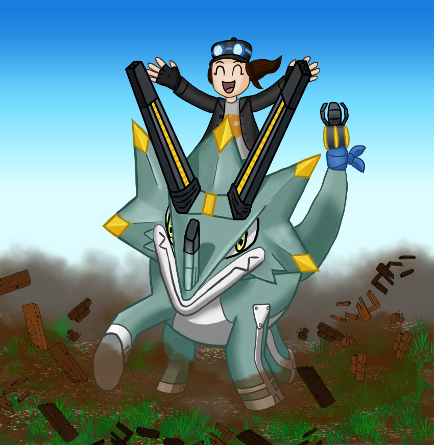 digimon digimon_(creature) dinosaur happy highres running smile tail wezengammamon yellow_eyes