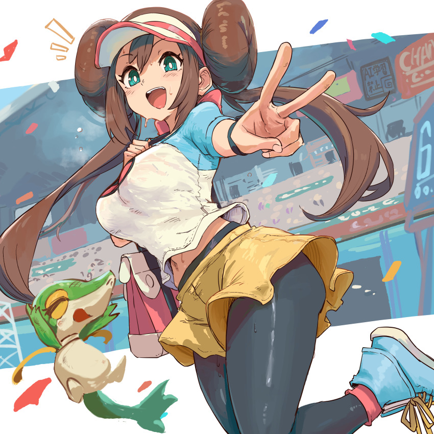 1girl absurdres bag black_pantyhose blue_eyes blush bracelet breasts brown_hair commentary_request donut_hair_bun double_bun gen_5_pokemon hair_bun hat highres ishijimajirou jewelry large_breasts long_hair looking_at_viewer navel nintendo open_mouth pantyhose pantyhose_under_shorts pokemon pokemon_(creature) pokemon_bw2 raglan_sleeves rosa_(pokemon) shirt shorts shoulder_bag smile snivy stomach sweat sweatdrop textless_version twintails v visor_cap yellow_shorts