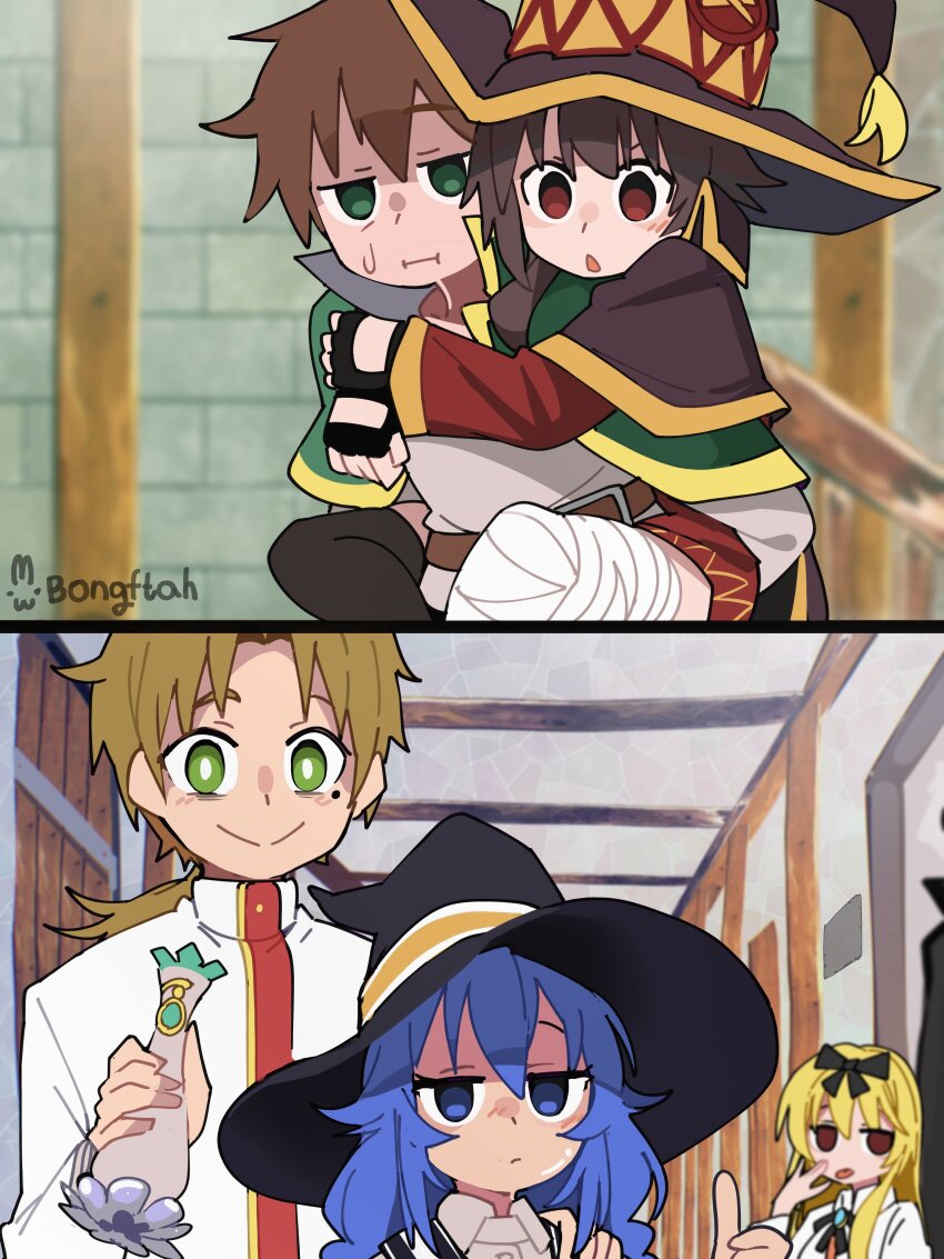 2boys 3girls absurdres arifureta_shokugyou_de_sekai_saikyou black_gloves black_hat blonde_hair blue_eyes blue_hair blush bongftah bow brown_hair commentary gloves green_eyes hair_bow hat highres kono_subarashii_sekai_ni_shukufuku_wo! loli megumin mole mole_under_eye multiple_boys multiple_girls mushoku_tensei open_mouth red_eyes roxy_migurdia rudeus_greyrat satou_kazuma short_hair smile symbol-only_commentary tongue tongue_out witch_hat yue_(arifureta)