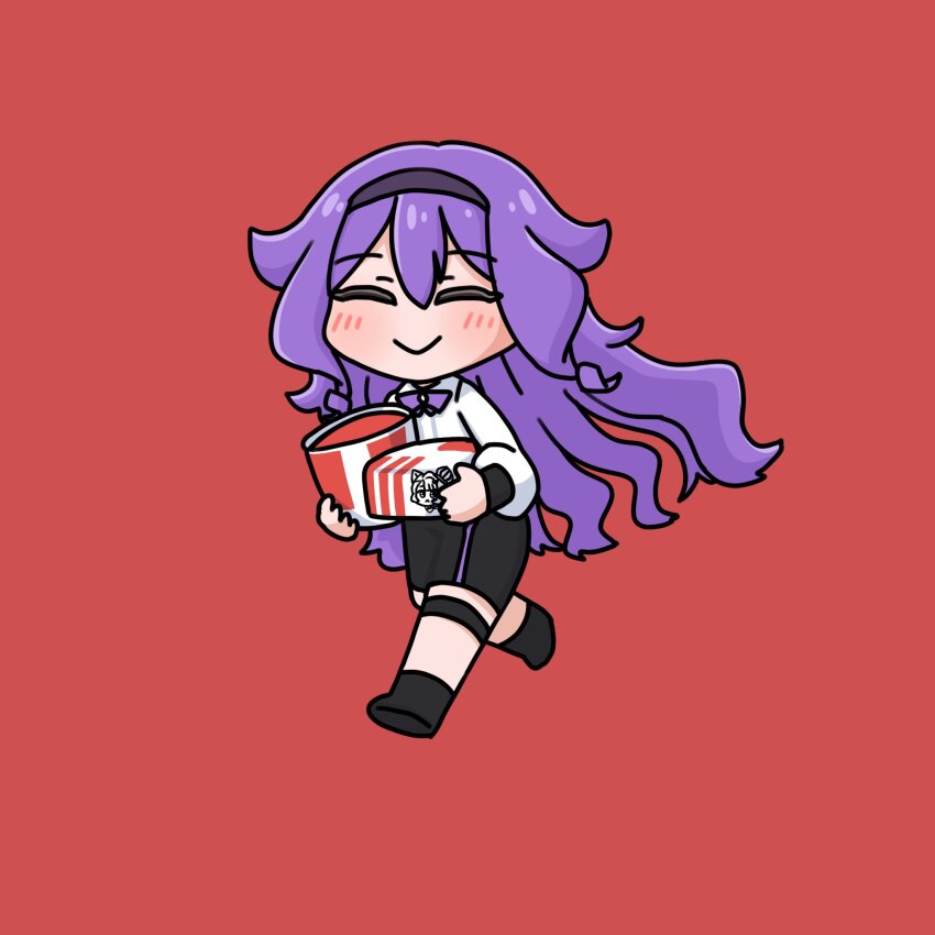 1girl black_footwear black_skirt bow bowtie bucket_of_chicken closed_eyes closed_mouth deformed food hairband highres holding holding_food honkai_(series) honkai_impact_3rd kfc light_blush long_hair long_sleeves mokkyo_(motkyo) purple_bow purple_bowtie purple_hair red_background shirt simple_background sirin sirin_(magic_academy_uniform) sirin_(miracle_magical_girl) skirt smile thigh_strap very_long_hair walking white_shirt