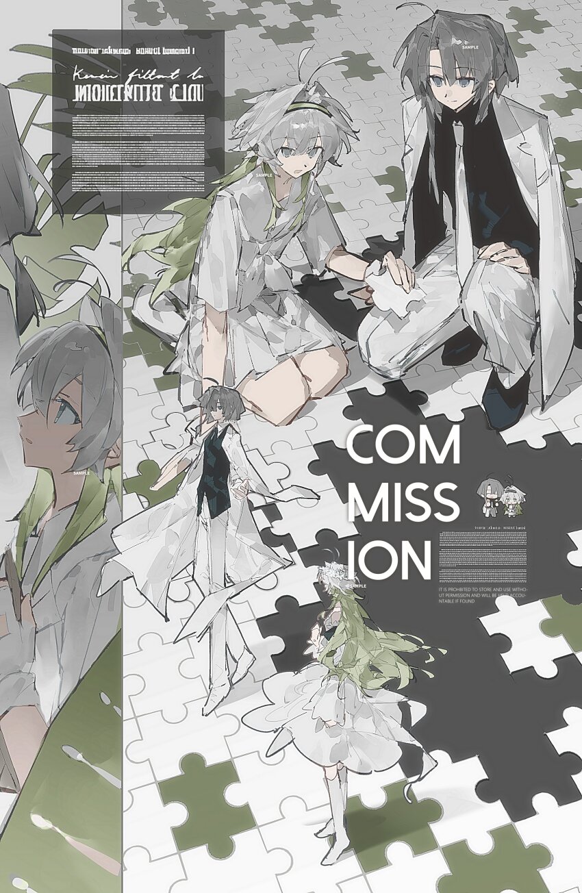 1boy 1girl absurdres black_shirt chibi commission english_text full_body green_hair grey_eyes grey_hair highres jacket long_hair long_sidelocks medium_hair monota02 multicolored_hair multiple_views necktie original shirt sidelocks skirt squatting two-tone_hair white_jacket white_necktie white_shirt white_skirt