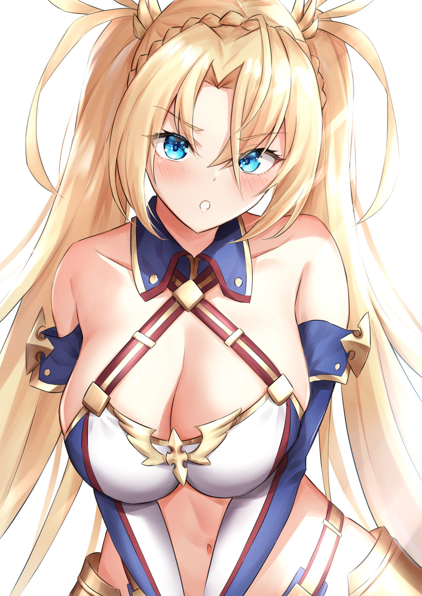 1girl absurdres armor bare_shoulders bikini blonde_hair blue_bikini blue_eyes blue_gloves blush bradamante_(fate) bradamante_(third_ascension)_(fate) braid breasts cleavage collarbone crown_braid elbow_gloves fate/grand_order fate_(series) faulds gloves highleg highleg_bikini highres large_breasts long_hair looking_at_viewer multicolored_bikini navel open_mouth shiraiwa_usagi solo swimsuit twintails two-tone_bikini two-tone_gloves very_long_hair white_bikini white_gloves