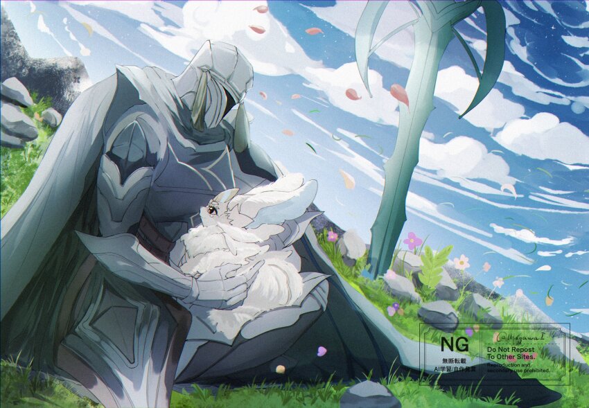 1boy armor cloud commission creature day duel_monster dutch_angle flower full_armor grass highres holding holding_creature illegal_knight knight leaf looking_at_creature outdoors petals purrely rock sitting solo sword uragawai vgen_commission weapon yu-gi-oh!