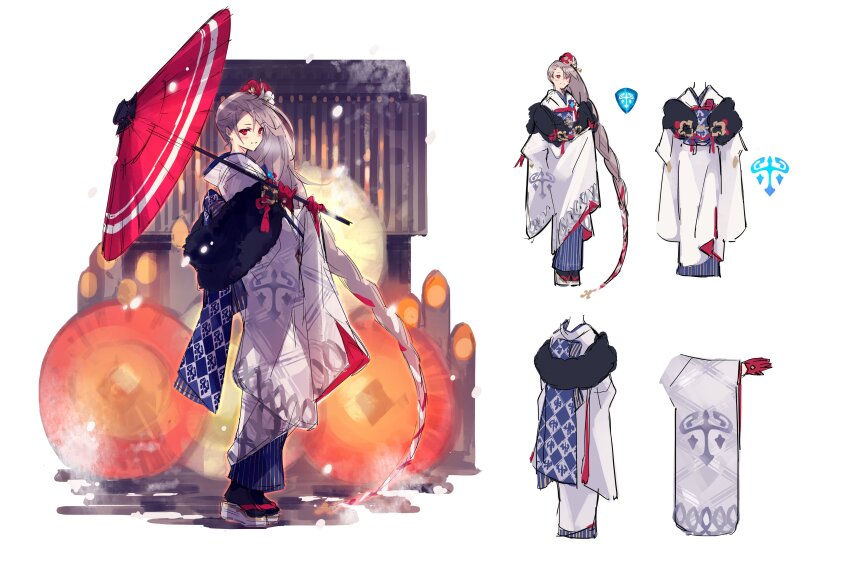 1girl absurdly_long_hair absurdres ancient_killers_(phantom_of_the_kill) braid commentary_request da-kuro flower from_behind from_side full_body gloves grey_hair hair_flower hair_ornament highres holding holding_umbrella japanese_clothes kimono long_hair looking_at_viewer official_alternate_costume official_art oil-paper_umbrella okobo outdoors phantom_of_the_kill platform_sandals ragnarok_(phantom_of_the_kill) red_eyes red_flower red_gloves red_umbrella reference_sheet sandals second-party_source simple_background snow standing straight-on umbrella very_long_hair white_background