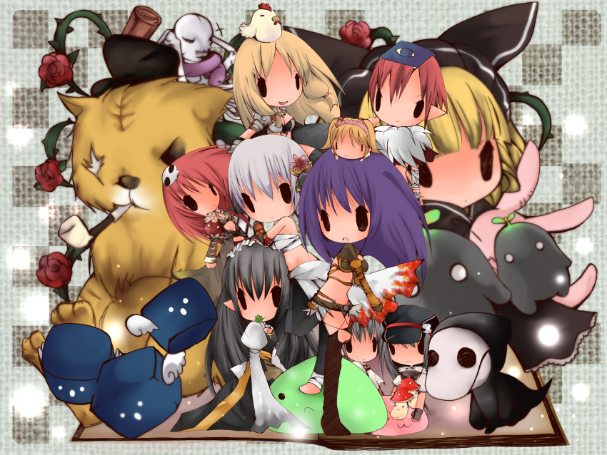 1boy 2000s_(style) 6+girls acolyte_(ragnarok_online) animal animal_on_head arch_bishop_(ragnarok_online) armor bikini_armor bird bird_on_head black_dress black_eyes black_gloves black_hat blonde_hair blunt_bangs book book_on_head brown_eyes cabbie_hat character_doll chest_sarashi chibi chibi_only chicken closed_mouth commentary_request creature cross curly_sue doll_on_head dolor_of_thanatos dress eddga entweihen_crothen expressionless flower flower_in_mouth full_body gauntlets gloves green_flower guillotine_cross_(ragnarok_online) hat hat_ornament highres hunter_(ragnarok_online) juliet_sleeves long_hair long_sleeves looking_at_viewer mask mask_on_head multiple_girls object_on_head on_head open_mouth pauldrons piamette pointy_ears poporing poring puffy_sleeves purple_hair ragnarok_online red_flower red_rose rideword_(ragnarok_online) rose rune_knight_(ragnarok_online) sarashi sash shadow_chaser_(ragnarok_online) short_hair shoulder_armor shrug_(clothing) skeggiold_(ragnarok_online) skeleton skull_hat_ornament smile solid_oval_eyes stuffed_animal stuffed_rabbit stuffed_toy sura_(ragnarok_online) tiger two-tone_dress undead white_dress yellow_sash yu_(lilacxx)