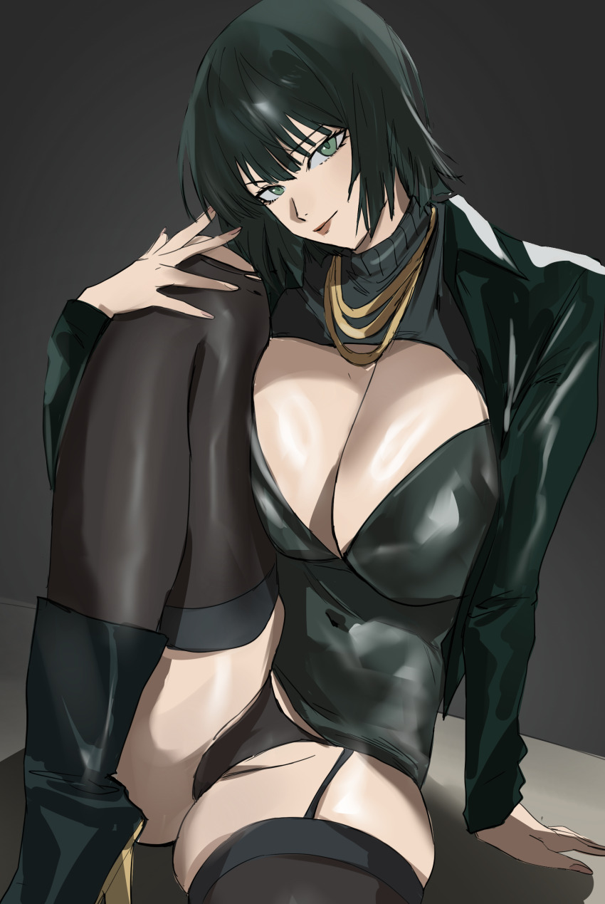 1girl absurdres black_hair black_panties black_thighhighs bob_cut boots breasts cleavage fubuki_(one-punch_man) green_eyes green_hair high_heel_boots high_heels highleg highleg_panties highres large_breasts leg_up long_sleeves looking_at_viewer nail_polish navel one-punch_man open_mouth panties pink_nails ribbed_sweater short_hair simple_background smile solo sweater taiyang_yu thighhighs thighs turtleneck turtleneck_sweater underwear