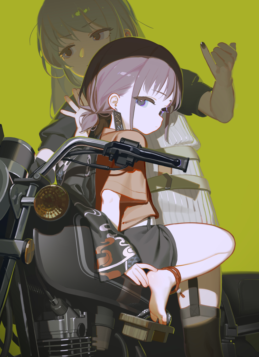 2girls absurdres bare_legs barefoot black_shorts black_thighhighs brown_hair expressionless garter_straps girls_band_cry green_background grey_hair hands_up highres iseri_nina kawaragi_momoka long_hair looking_at_viewer looking_back motor_vehicle motorcycle multiple_girls on_motorcycle orange_shirt pinky_out ponytail purple_eyes shirt short_hair short_ponytail short_shorts short_sleeves shorts sidelocks simple_background sitting soles standing thighhighs tianliang_duohe_fangdongye v-shaped_eyebrows