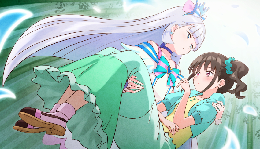 2girls bamboo bamboo_forest blue_eyes bow brown_hair carrying crown cure_nyammy day dress forest grey_hair hair_bow highres light_blush long_hair looking_at_another magical_girl mini_crown multiple_girls nature nekoyashiki_mayu nekoyashiki_yuki nuenue outdoors petals precure princess_carry red_hair scrunchie serious shoes side_ponytail sunlight vest wonderful_precure! yuri