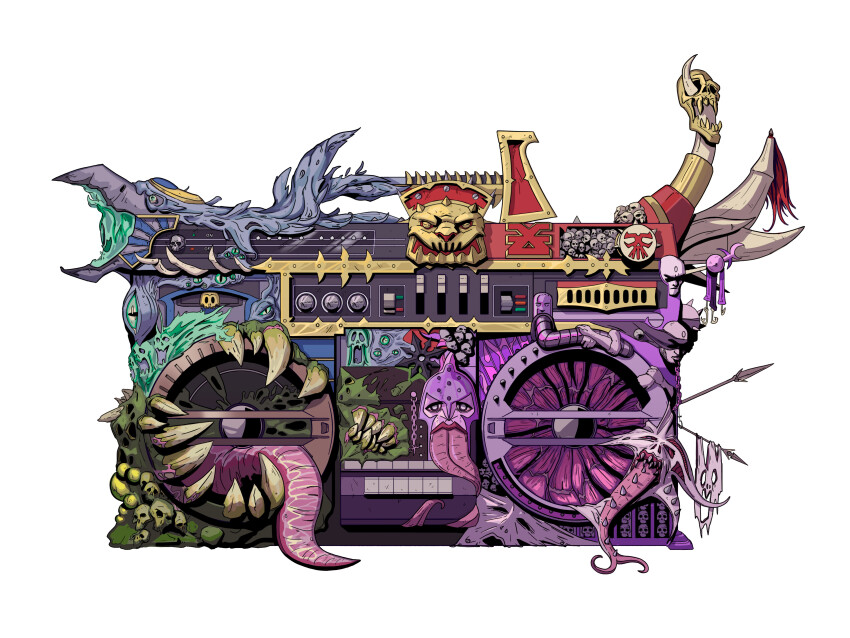 absurdres amplifier bird boombox chaos_(warhammer) commentary demon_horns english_commentary handle heresy highres horns khorne no_humans nurgle open_mouth pirolnogolongo radio skull skull_ornament slaanesh speaker spikes stereo tongue tongue_out tzeentch warhammer_40k white_background