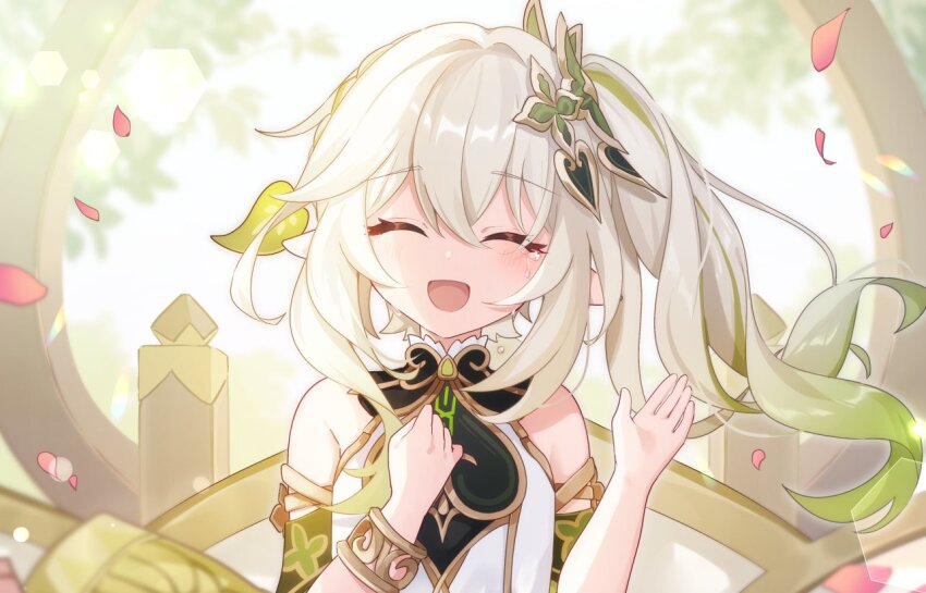 1girl :d ^_^ bare_shoulders bracelet closed_eyes commentary_request day detached_sleeves falling_petals genshin_impact gold_trim gradient_hair green_hair green_sleeves hair_between_eyes hair_ornament hands_up jewelry leaf_hair_ornament long_hair multicolored_hair nahida_(genshin_impact) open_mouth outdoors petals pointy_ears shirase_(shirose) side_ponytail sleeveless smile solo tearing_up teeth upper_teeth_only white_hair