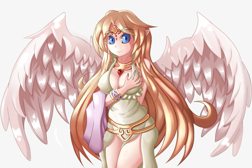1girl angel_wings blonde_hair blue_eyes breasts cleavage ecstasy feathers female_focus hand_on_own_chest ilias jewelry large_breasts long_hair looking_at_viewer lots_of_jewelry mon-musu_quest! simple_background smile solo tiara wings