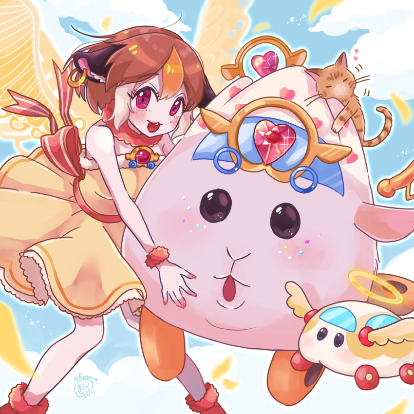 1girl :3 abbey_(pui_pui_molcar) angel_wings blue_sky bow brown_hair buck_teeth bush cat cloud cloudy_sky commentary_request day detached_wings dress earrings flying freckles fur fur_trim gem guinea_pig_ears hair_ornament halo heart heart_hair_ornament highres hoop_earrings itasha jewelry looking_at_viewer magical_girl masshirokachi molcar morumi motion_lines multicolored_hair nail_polish open_mouth orange_hair outdoors pink_eyes pink_fur pui_pui_molcar red_bow red_footwear red_nails red_wrist_cuffs short_dress short_hair signature sky sleeveless sleeveless_dress smile sparkle spoken_heart streaked_hair striped_bow tabby_cat teeth twitter_username white_hair wings wrist_cuffs yellow_dress