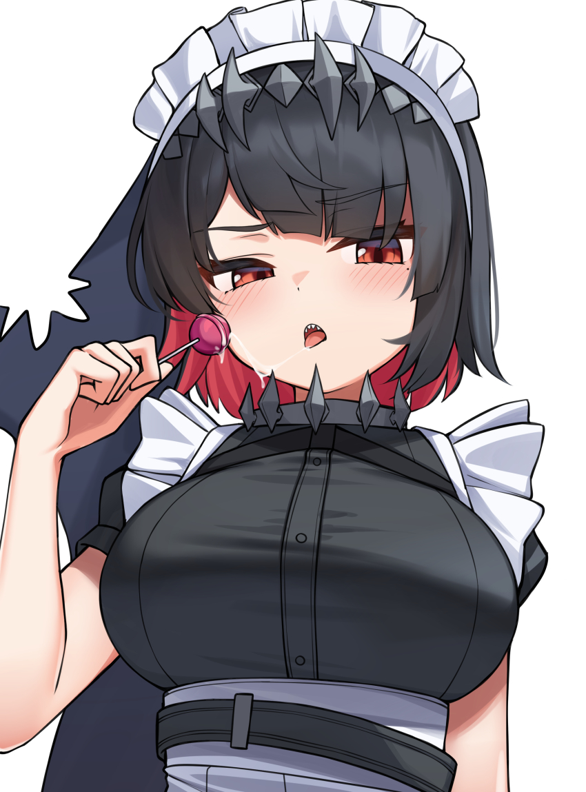 1girl absurdres belt black_dress black_hair breasts buttons candy colored_inner_hair dress ellen_joe fins fish_tail food frilled_dress frills hand_up highres holding holding_candy holding_food holding_lollipop large_breasts lollipop looking_at_viewer maid_headdress mole mole_under_eye multicolored_hair open_mouth red_eyes saliva saliva_trail shark_tail sharp_teeth short_hair short_sleeves simple_background solo tail teeth tongue tongue_out uneven_eyes upper_body v-shaped_eyebrows white_background zenless_zone_zero ziro_(zirorong)