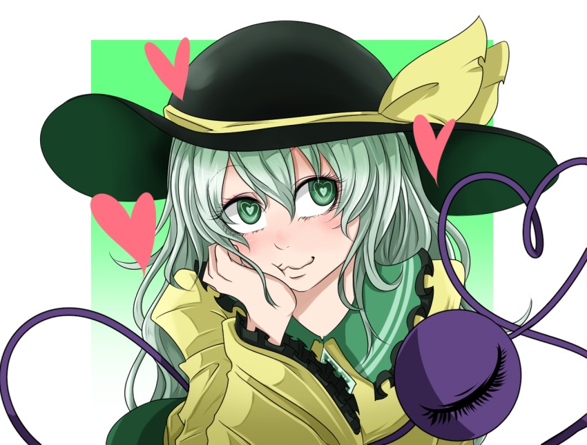 1girl black_hat blush commentary_request female_focus green_eyes green_hair hair_between_eyes hat heart heart-shaped_pupils komeiji_koishi long_sleeves looking_at_viewer sei_no_ji solo symbol-shaped_pupils touhou wide_sleeves