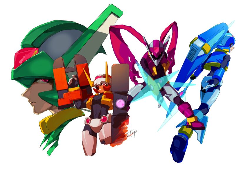 1girl 3boys aeolus_(mega_man) armor artist_request atlas_(mega_man) blue_armor blue_helmet close-up cowboy_shot double-sided_polearm energy_gun fins full_body glowing glowing_eyes green_armor green_helmet group_picture head_fins helmet highres holding holding_cannon holding_polearm holding_weapon mega_man_(series) mega_man_zx mega_man_zx_advent model_f_(mega_man) model_h_(mega_man) model_l_(mega_man) model_p_(mega_man) multiple_boys orange_armor orange_helmet polearm profile purple_armor purple_helmet red_eyes second-party_source shuriken siarnaq_(mega_man) simple_background spear thetis_(mega_man) weapon white_background