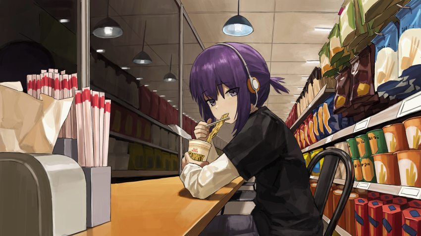 absurdres an_yb chopsticks commentary cup_ramen eating food_packaging highres holding holding_chopsticks indoors looking_at_viewer medium_hair napkin napkin_holder original purple_eyes purple_hair reflection sitting supermarket symbol-only_commentary table