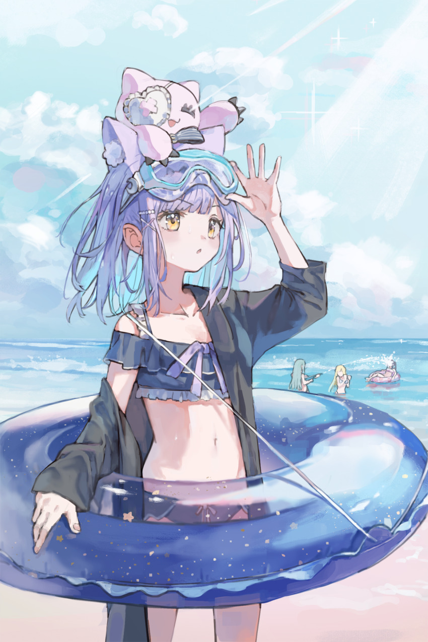 3girls adjusting_eyewear aizawa_ema aizawa_ema_(summer_c102) animal_ear_fluff animal_ears beach bikini black_bikini black_jacket blue_sky breasts cat_ears cloud day frilled_bikini frills goggles goggles_on_head hand_up highres holding holding_swim_ring innertube jacket looking_up multiple_girls navel ocean off-shoulder_bikini off_shoulder official_alternate_costume open_clothes open_jacket outdoors parted_lips purple_hair sand shinomiya_runa shinomiya_runa_(summer_c102) short_hair single_off_shoulder sky small_breasts stomach straight_hair stuffed_animal stuffed_cat stuffed_toy swim_ring swimsuit virtual_youtuber vspo! watakokyu yakumo_beni yakumo_beni_(summer_c102)