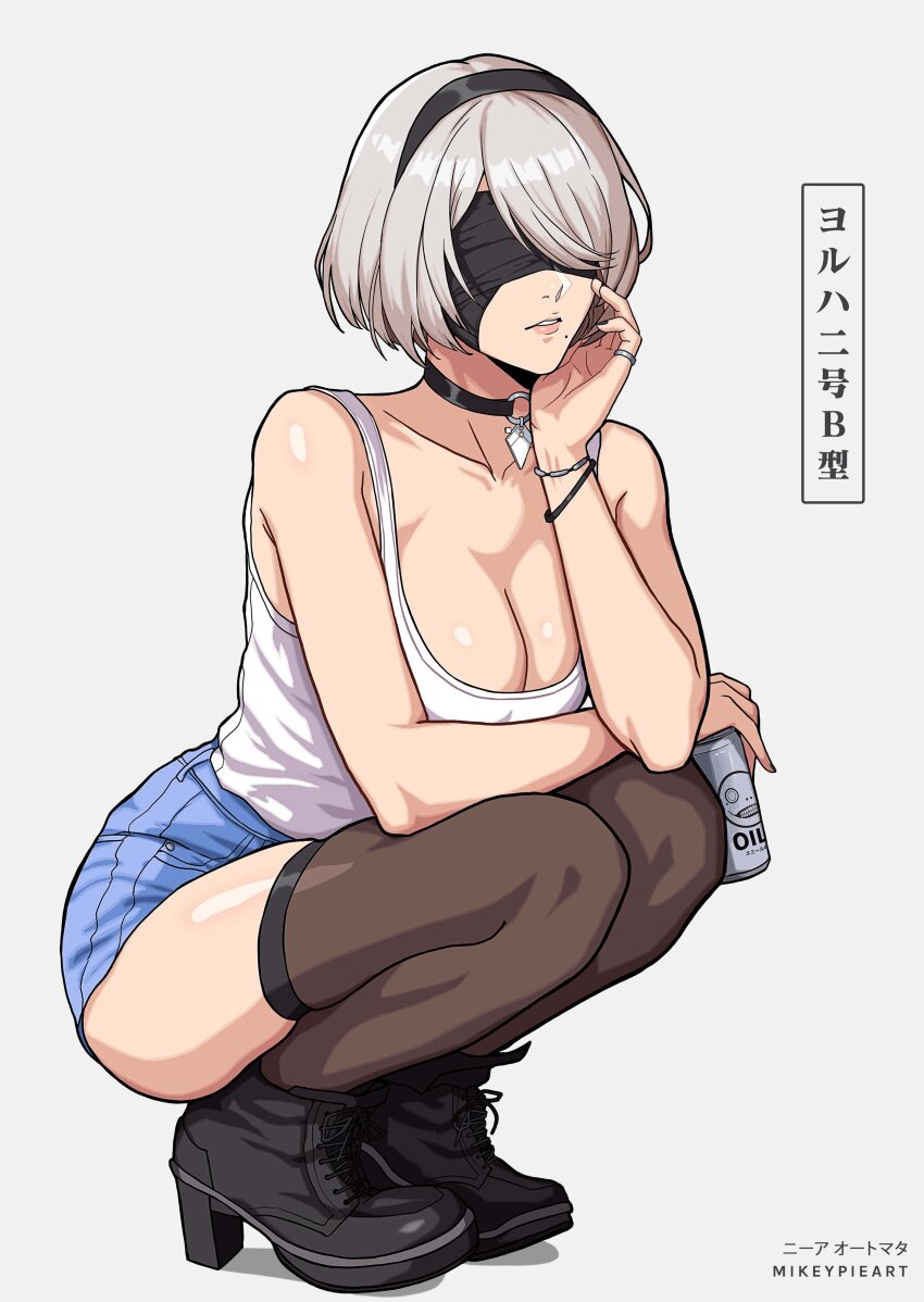 1girl 2b_(nier:automata) absurdres artist_name black_choker black_hairband black_shoes black_thighhighs blue_shorts breasts choker cleavage collarbone contemporary covered_eyes emil_(nier) hairband hand_on_own_face highres large_breasts mikey_pie nier:automata nier_(series) shirt shoes short_hair short_shorts shorts simple_background solo squatting tank_top thighhighs thighs white_background white_shirt white_tank_top