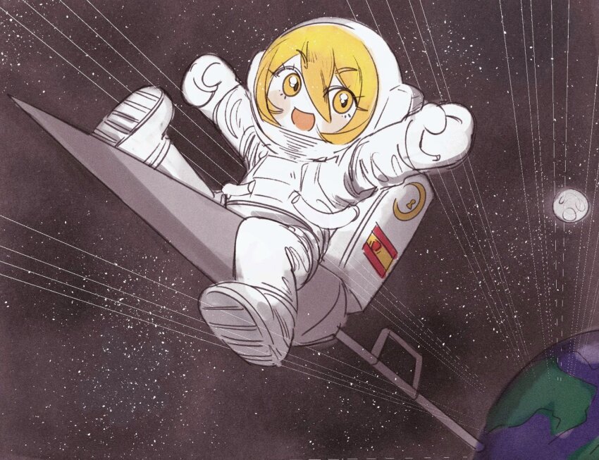 1girl arms_up astronaut blonde_hair chibi don_quixote_(project_moon) earth_(planet) helmet lance limbus_company moon open_mouth planet polearm project_moon sitting_on_weapon space space_helmet spacesuit spanish_flag weapon weapon_riding wenli wide-eyed yellow_eyes