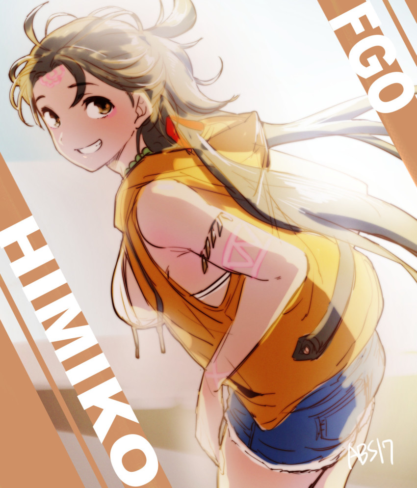 1girl aoba_(smartbeat) bare_shoulders bead_necklace beads bikini bikini_top_only blue_shorts breasts brown_eyes brown_hair character_name contemporary cutoffs denim denim_shorts facial_mark fate/grand_order fate_(series) forehead forehead_mark grin highres himiko_(fate) himiko_(tour_outfit)_(fate) hood hooded_vest hoodie jewelry large_breasts long_hair looking_at_viewer medium_breasts necklace orange_vest short_shorts shorts sideboob smile solo swimsuit thighs topknot twintails vest white_bikini