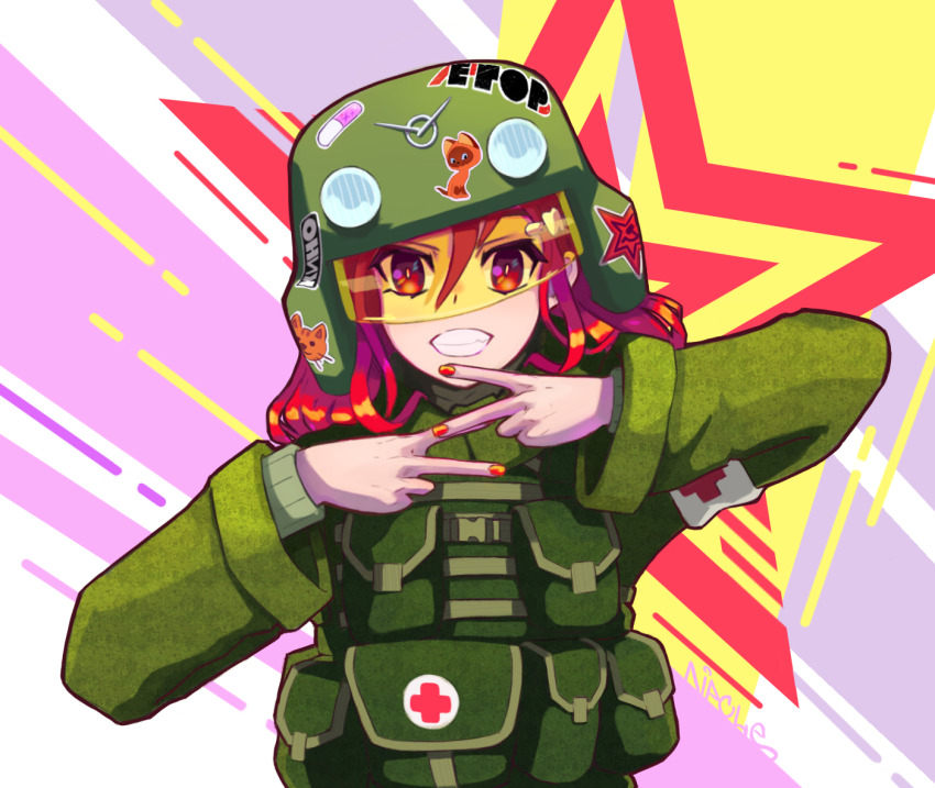 ammunition_pouch armband belt buhanka-chan bulletproof_vest camouflage camouflage_jacket combat_helmet combat_medic communism cross curly_hair cyrillic dipole128 dynamic_pose egor_letov face_shield fang gradient_eyes gradient_hair gradient_nails grazhdanskaya_oborona grazhdanskaya_oborona_(band) green_helmet green_jacket green_vest grin hammer_and_sickle hands_on_own_chest happy hat helmet jacket kino_(band) long_hair long_sleeves looking_at_viewer military military_combat_uniform military_fatigues military_hat military_uniform multicolored_eyes multicolored_hair nail_polish orange_nails original pill pouch red_cross red_eyes red_hair red_nails russia russian_ground_forces russian_text russo-ukrainian_war smile soldier solo star_(symbol) sticker sticker_on_helmet sweater tactical_clothes teeth utility_belt vest victor_tsoi war white_armband z_(russian_symbol)