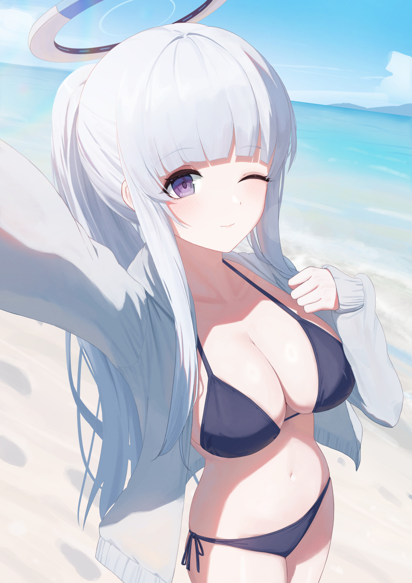 1girl absurdres alternate_costume alternate_hairstyle bikini black_bikini blue_archive blunt_bangs blush breasts cleavage closed_mouth highres large_breasts long_hair navel noa_(blue_archive) open_clothes open_shirt pige_pig ponytail purple_eyes shirt sidelocks smile solo stomach swimsuit white_hair white_shirt