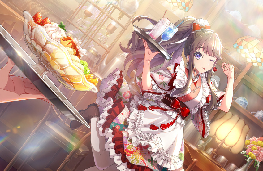 2girls ;p apron banana banana_slice brown_hair cafe cherry cup desk_lamp drinking_glass drinking_straw dutch_angle floral_print floral_print_kimono flower food foot_out_of_frame frilled_apron frilled_kimono frills fruit fujishima_megumi game_cg high_ponytail highres holding holding_food holding_fruit holding_tray ice_cream ice_cream_float japanese_clothes kimono kiwi_(fruit) kiwi_slice lamp leg_up link!_like!_love_live! long_hair looking_at_viewer love_live! maid mint multiple_girls murano_sayaka official_art one_eye_closed orange_(fruit) orange_slice pink_flower pink_rose ponytail print_kimono pudding purple_eyes rose short_sleeves sidelocks solo_focus strawberry third-party_source tongue tongue_out tray virtual_youtuber wa_maid waist_apron whipped_cream white_apron white_kimono
