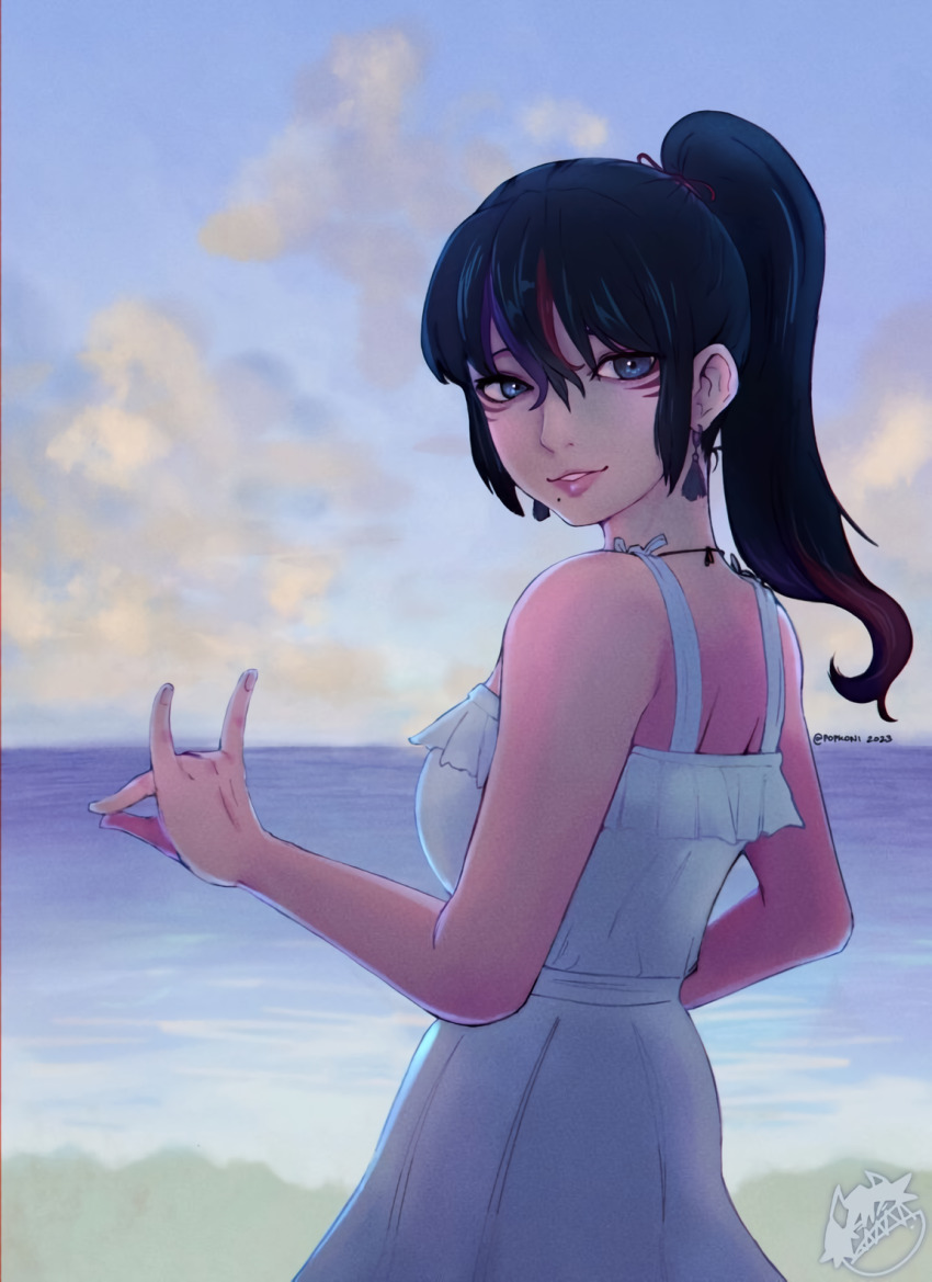 1girl 2023 black_and_red_and_purple_hair blue_sky dress highres kitsune_marks kunimitsu_ii ninja namco ocean peace popkoni purple_eyes sky sundress tekken tekken_8