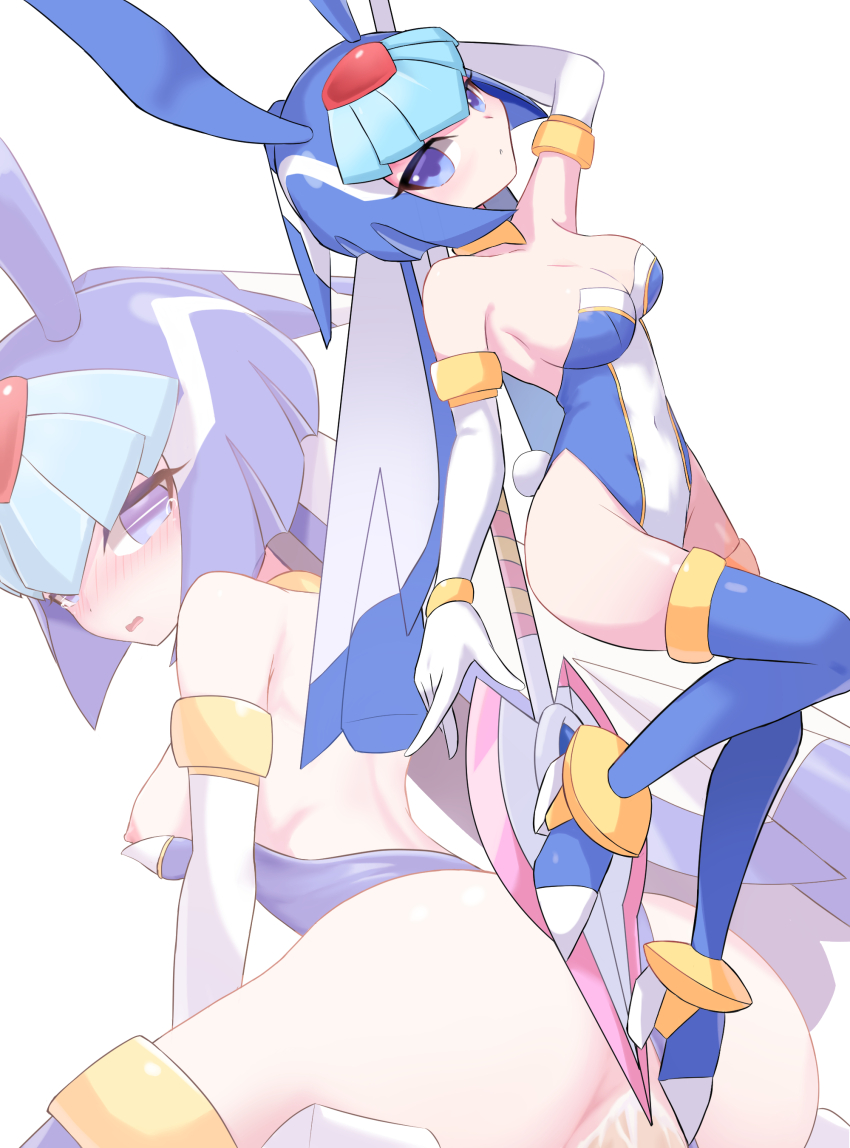 absurdres alternate_breast_size alternate_costume blue_eyes blush bodysuit breasts crying fairy_leviathan_(mega_man) helmet high_heels highres holding holding_weapon large_breasts leotard mega_man_(series) mega_man_zero_(series) multicolored_leotard nipples playboy_bunny simple_background two-tone_leotard weapon white_bodysuit zerokun135