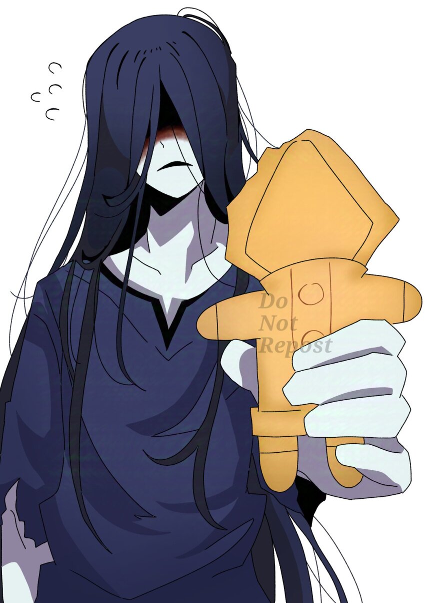 1boy baking_my_long_distance_bf_into_a_cookie_because_i_miss_him_(meme) black_hair blood blood_on_face character-themed_food character_cookie commentary cookie english_commentary facing_viewer flying_sweatdrops food heroine_(homicipher) highres holding holding_cookie holding_food homicipher katkit637729776 long_hair male_focus meme mr._crawling simple_background upper_body very_long_hair white_background