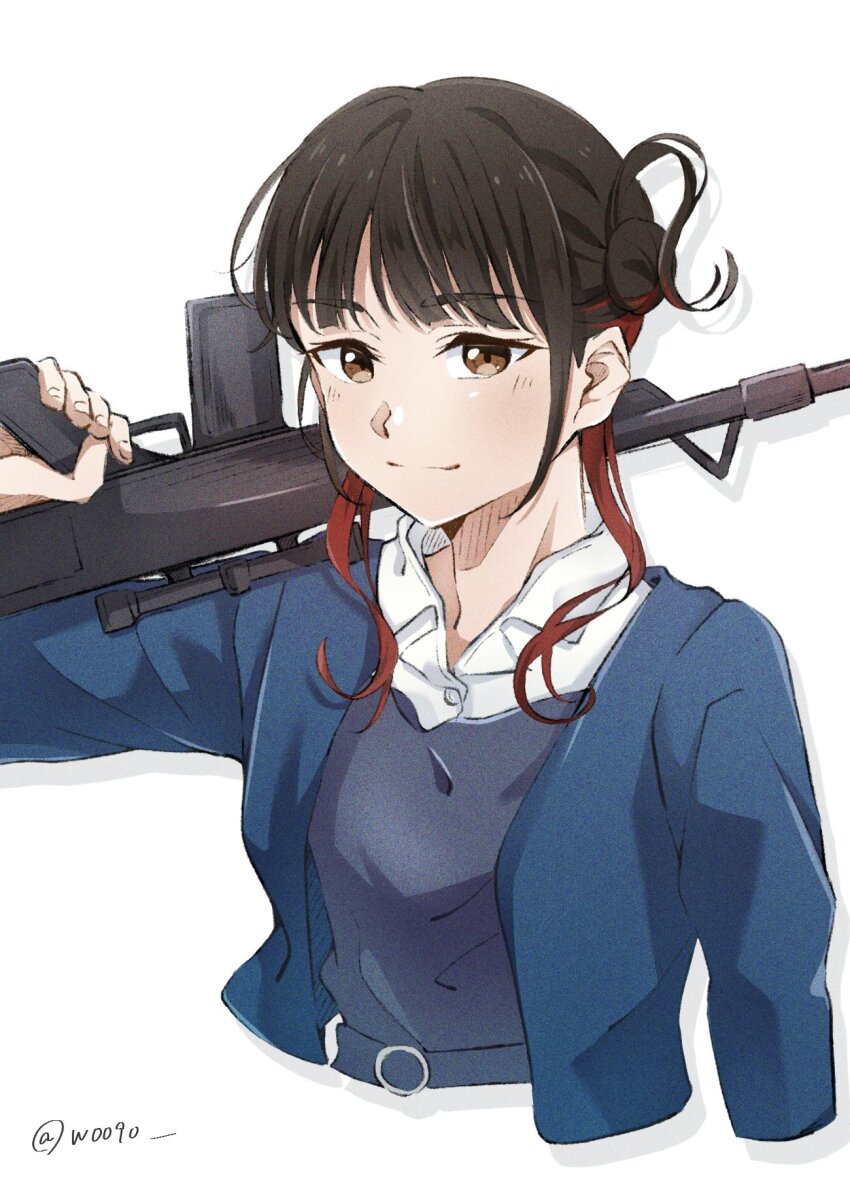 1girl animification black_hair blue_jacket blush brown_eyes closed_mouth collared_shirt commentary_request cropped_torso dress dress_shirt grey_dress gun hair_bun highres holding holding_gun holding_weapon jacket long_sleeves love_live! love_live!_superstar!! multicolored_hair open_clothes open_collar open_jacket over_shoulder pinafore_dress real_life red_hair rifle school_uniform shirt short_hair_with_long_locks sidelocks simple_background single_side_bun sleeveless sleeveless_dress smile solo streaked_hair voice_actor weapon weapon_over_shoulder white_background white_shirt winter_uniform wotaku_jinsei_enjoy_ikioi yabushima_akane yuigaoka_school_uniform