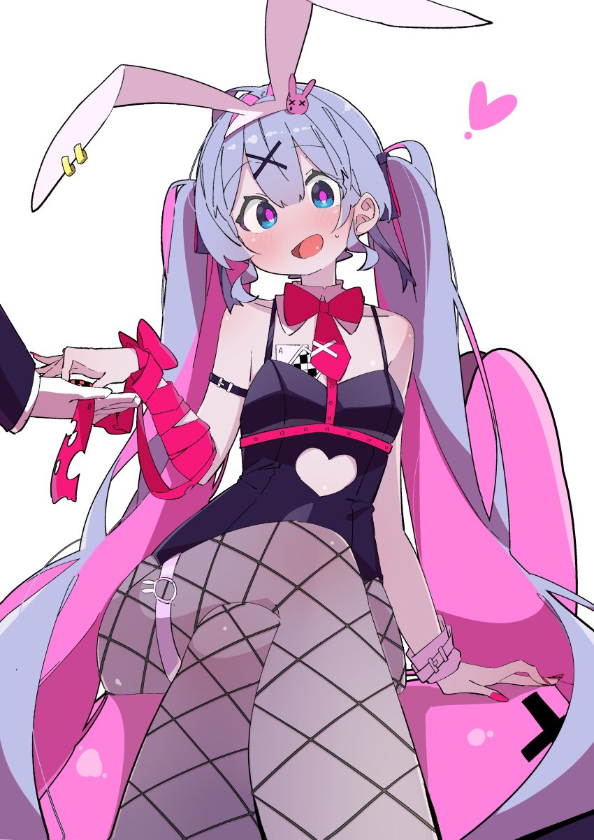 1girl 1other absurdres ace_(playing_card) animal_ears arm_ribbon arm_strap bare_shoulders black_leotard bow bowtie card clothing_cutout commentary crossed_legs cutout_above_navel detached_collar fake_animal_ears fishnet_pantyhose fishnets hair_between_eyes hair_ornament hashtag-only_commentary hatsune_miku heart heart_cutout highres leotard long_hair looking_at_viewer o-ring o-ring_thigh_strap object_in_bra open_mouth pantyhose pink_pupils playboy_bunny playing_card rabbit_hair_ornament rabbit_hole_(vocaloid) rabbit_o-ring red_nails ribbon sitting sweatdrop symbol-only_commentary thigh_strap twintails uruti_2388 very_long_hair vocaloid white_background x_hair_ornament