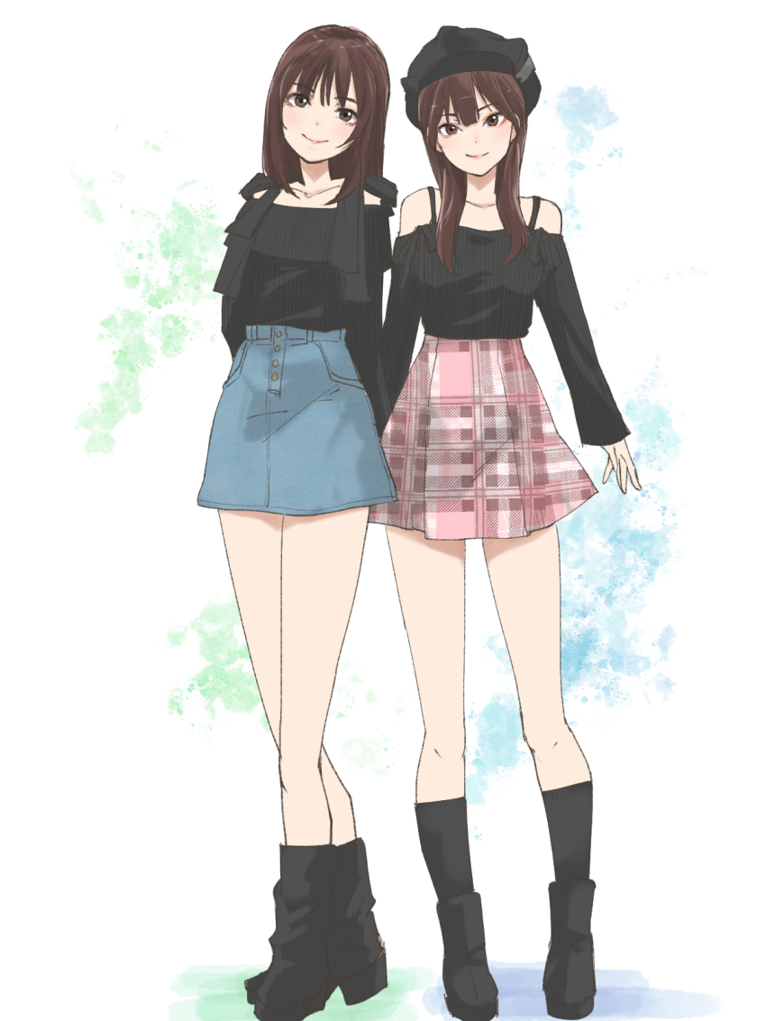 2girls actor ankle_boots arms_at_sides arms_behind_back bare_shoulders black_footwear black_hat black_shirt black_socks blue_background blue_skirt boots brown_eyes brown_hair buttons closed_mouth clothing_cutout collarbone denim denim_skirt full_body green_background hashtag-only_commentary hat head_tilt heel_up high-waist_skirt highres kneehighs komatsu_otoha light_blush long_hair long_sleeves looking_at_viewer miniskirt multicolored_background multiple_girls peaked_cap pink_skirt plaid_clothes plaid_skirt real_life ribbed_shirt saitou_airi shirt shirt_tucked_in shoulder_cutout side-by-side skirt smile socks spaghetti_strap standing urutsu_sahari white_background