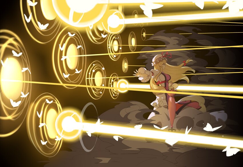 1girl absurdres blonde_hair breasts commentary_request devilkillerx dress from_side full_body gate_of_babylon_(fate) highres long_hair purple_umbrella solo standing tabard touhou umbrella white_dress yakumo_yukari