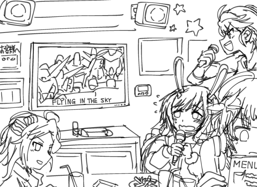 36rt 4girls azur_lane boise_(azur_lane) brooklyn_(azur_lane) worried drinking_straw excited flying_sweatdrops food french_fries greyscale helena_(azur_lane) highres karaoke monochrome multiple_girls nervous phoenix_(azur_lane) phone rabbit_ears restaurant star_(symbol) television