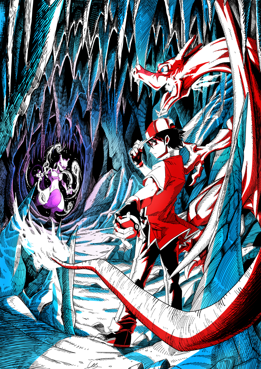 1boy absurdres cave_interior charizard closed_mouth commentary_request fingerless_gloves gamjagom gen_1_pokemon gloves hand_on_headwear hat highres holding holding_poke_ball jacket korean_commentary legendary_pokemon male_focus mewtwo mixed-language_commentary nintendo pants poke_ball poke_ball_(basic) pokemon pokemon_(creature) pokemon_rgby red_(pokemon) short_hair short_sleeves stalactite stalagmite standing