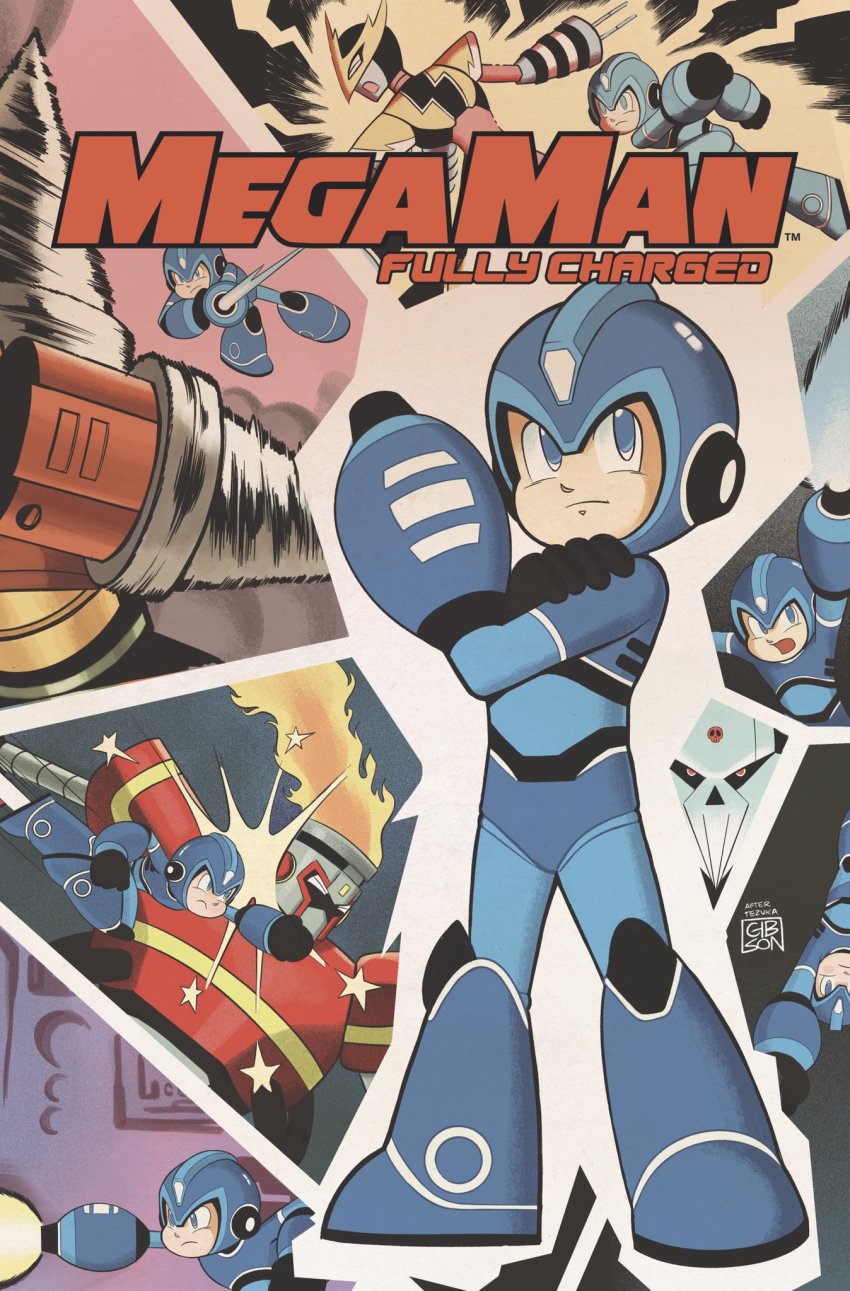 5boys android arm_cannon blue_eyes commentary copyright_name cover drill_man elec_man energy_beam english_commentary fire_man helmet highres jordan_gibson mega_man:_fully_charged mega_man_(character) mega_man_(classic) mega_man_(series) multiple_boys official_art open_mouth punching signature skull_man_(mega_man) tetsuwan_atom weapon