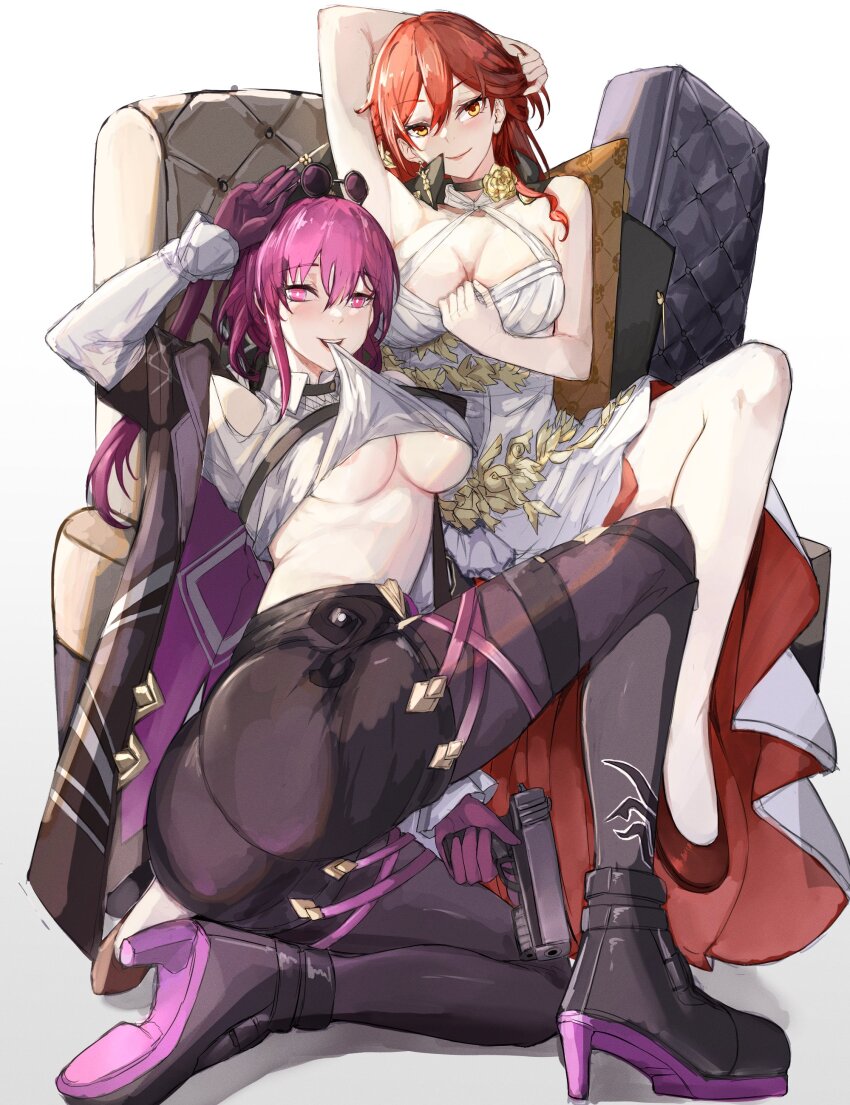 2girls absurdres arm_up armpits ass black_pantyhose black_shorts breasts cleavage dress gradient_background grey_background gun handgun high_heels highres himeko_(honkai:_star_rail) holding holding_gun holding_weapon honkai:_star_rail honkai_(series) kafka_(honkai:_star_rail) large_breasts long_hair looking_at_viewer multiple_girls nui_gurumi pantyhose pantyhose_under_shorts purple_eyes purple_hair red_hair short_shorts shorts sleeveless sleeveless_dress smile thighs underboob weapon white_dress yellow_eyes