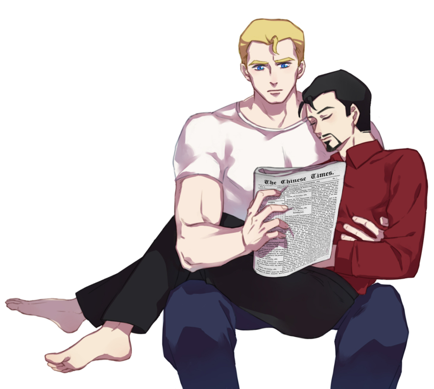 2boys ahoge animification avengers_(series) barefoot black_hair black_pants blonde_hair blue_eyes blue_pants chinese_commentary closed_eyes closed_mouth collared_shirt commentary_request facial_hair hand_around_waist hand_up highres holding holding_newspaper long_sleeves looking_at_object male_focus marvel multiple_boys muscular muscular_male newspaper pants reading red_shirt shirt short_hair short_sleeves simple_background sitting sitting_on_person sleeping steve_rogers t-shirt the_avengers:_earth&#039;s_mightiest_heroes! tony_stark white_background white_shirt yaoi yizilu699