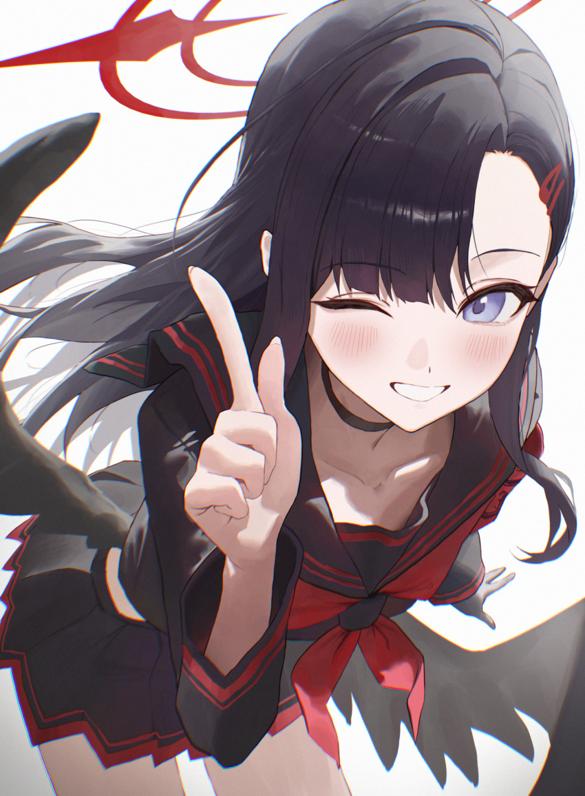 1girl armband black_choker black_sailor_collar black_serafuku black_wings blue_archive blue_eyes blush choker commentary_request feathered_wings halo highres ichika_(blue_archive) index_finger_raised leaning_forward long_hair long_sleeves looking_at_viewer low_wings midriff_peek neckerchief one_eye_closed parted_bangs pleated_skirt red_armband red_halo red_neckerchief sailor_collar school_uniform senriyama serafuku simple_background single_hair_intake skirt smile solo unusually_open_eyes white_background wings