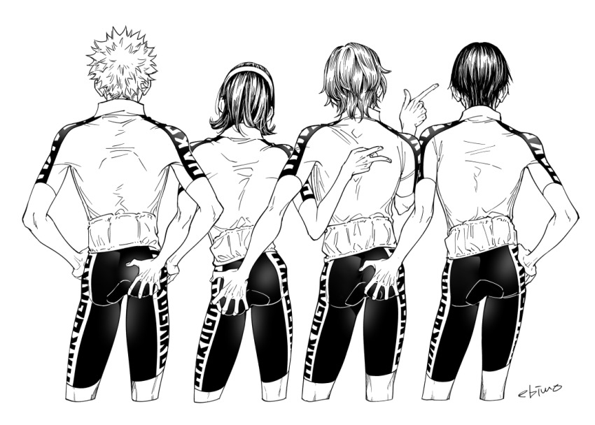 4boys arakita_yasutomo collared_shirt cowboy_shot from_behind fukutomi_juichi greyscale hairband hand_on_another&#039;s_ass hand_on_another&#039;s_back hand_on_own_hip hands_on_own_hips index_finger_raised male_focus medium_hair mojisan_(ebimo) monochrome multiple_boys pointing pointing_to_the_side shinkai_hayato shirt short_hair short_sleeves signature simple_background sportswear toudou_jinpachi v wavy_hair yowamushi_pedal