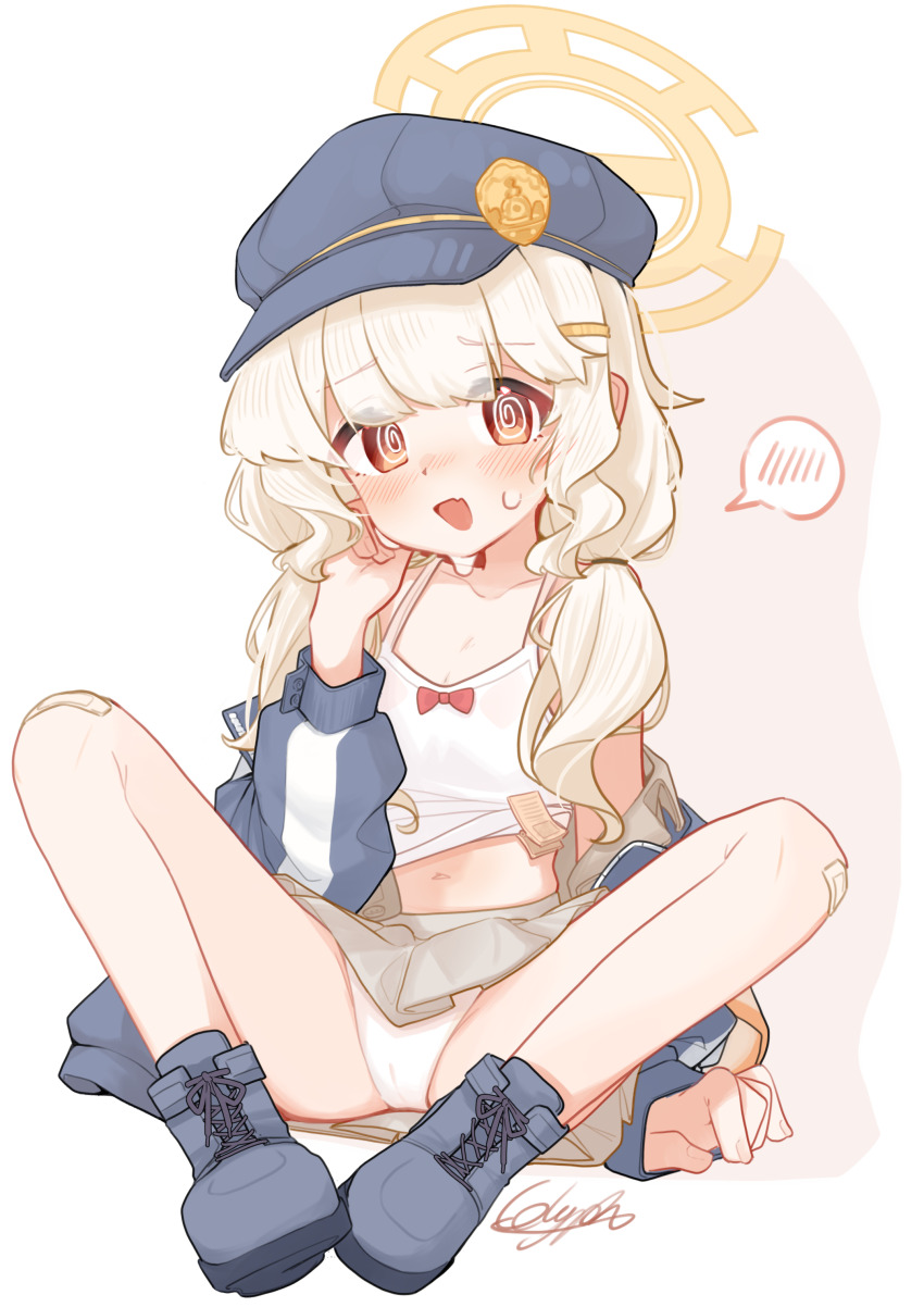 1girl absurdres aoba_(blue_archive) armband black_hat blonde_hair blue_archive blue_hat blue_jacket blush bow bow_camisole brown_skirt newsboy_cap cameltoe camisole commentary_request fang flat_chest fluffy_hair full_body glyphsss halo hat highres jacket loli long_hair long_sleeves looking_at_viewer low_twintails navel open_clothes open_mouth orange_armband orange_halo panties pantyshot pleated_skirt red_eyes shirt shoes signature simple_background sitting skin_fang skirt solo spoken_blush spread_legs sweatdrop twintails two-tone_background underwear wavy_eyes white_background white_camisole white_panties white_shirt yellow_armband yellow_halo