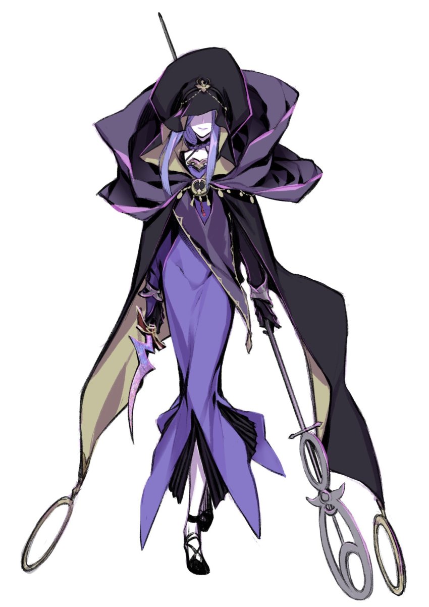 1girl blue_dress blue_hair cape dagger dress dual_wielding fate/stay_night fate_(series) female_focus hecate&#039;s_staff_(fate) highres holding hood hood_up knife long_hair medea_(caster)_(fate) medea_(fate) miwa_shirow pointy_ears purple_dress rulebreaker solo staff weapon